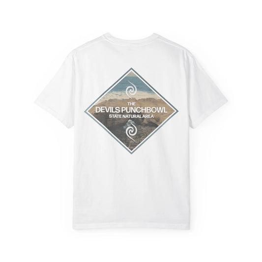 Seastack white 100% cotton short sleeve tee with Devils Punchbowl State Natural Area graphic on back.