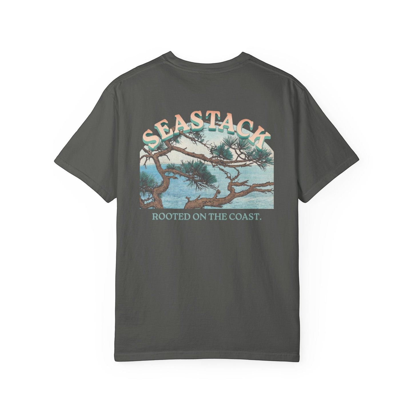 Seastack charcoal heavyweight cotton t-shirt with a graphic of a coastal view and text ‘Rooted On The Coast’