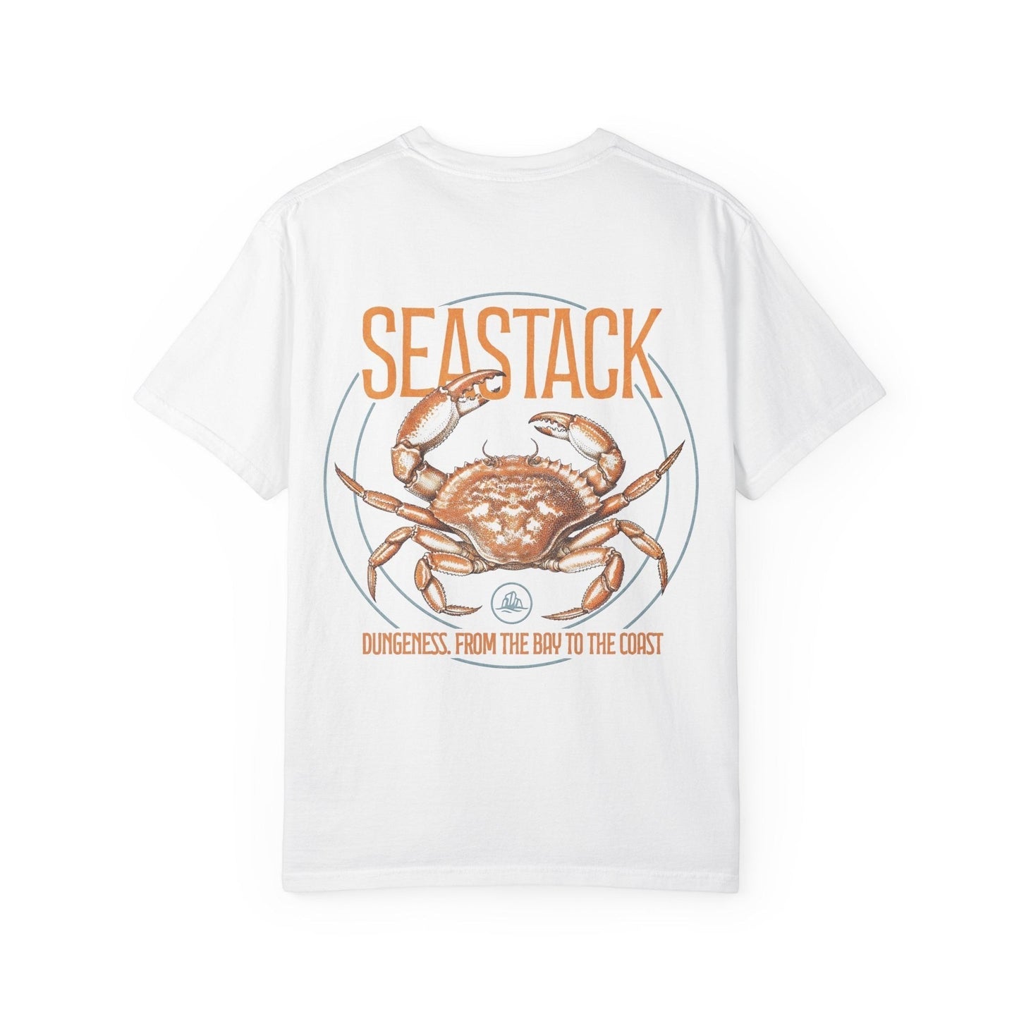 Seastack white heavyweight cotton t-shirt with a graphic of a Dungeness crab and text "DUNGENESS. FROM THE BAY TO THE COAST"