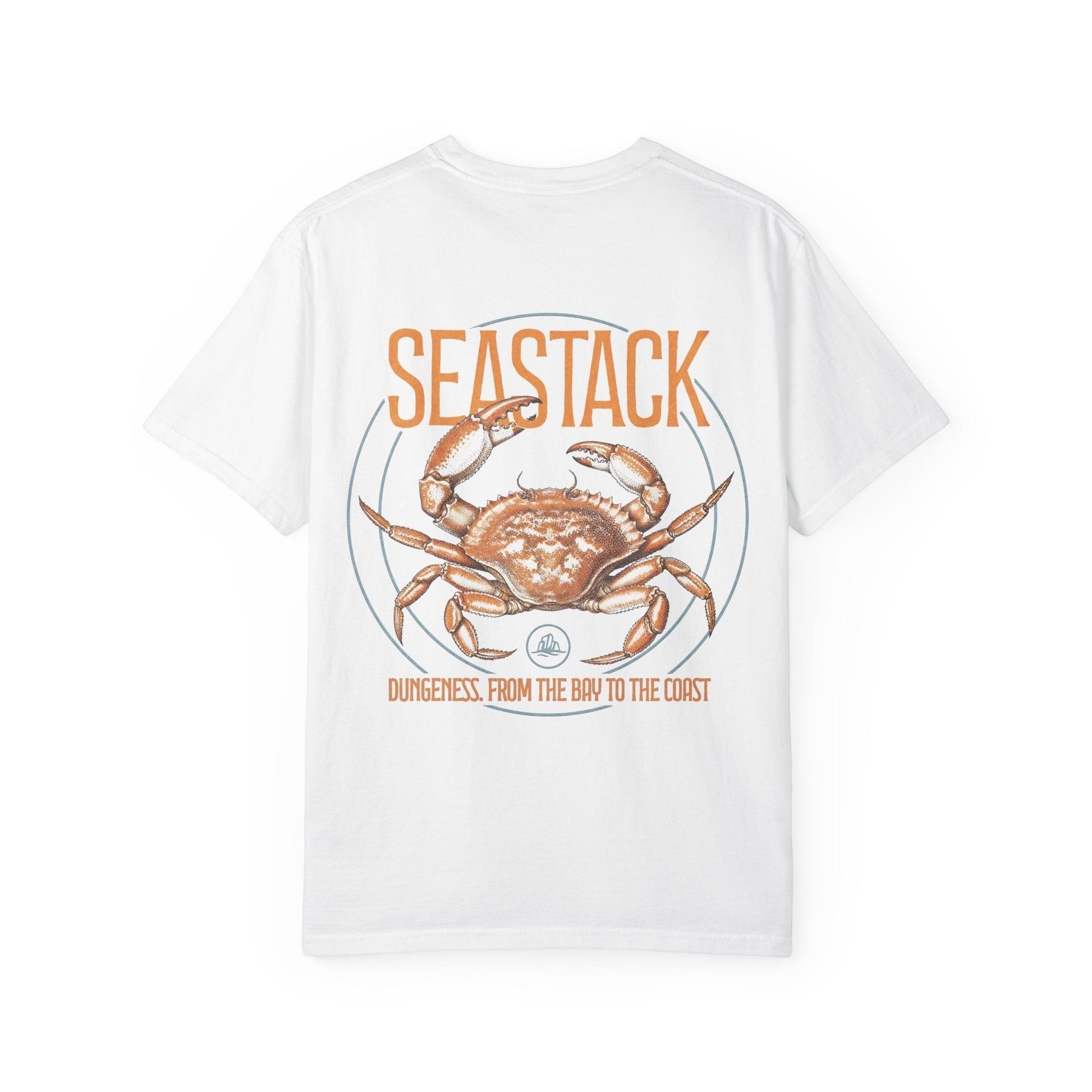 Seastack white heavyweight cotton t-shirt with a graphic of a Dungeness crab and text "DUNGENESS. FROM THE BAY TO THE COAST"