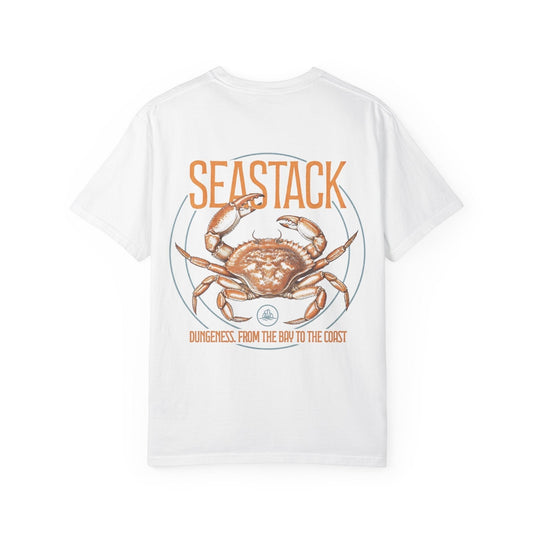Seastack white heavyweight cotton t-shirt with a graphic of a Dungeness crab and text "DUNGENESS. FROM THE BAY TO THE COAST"