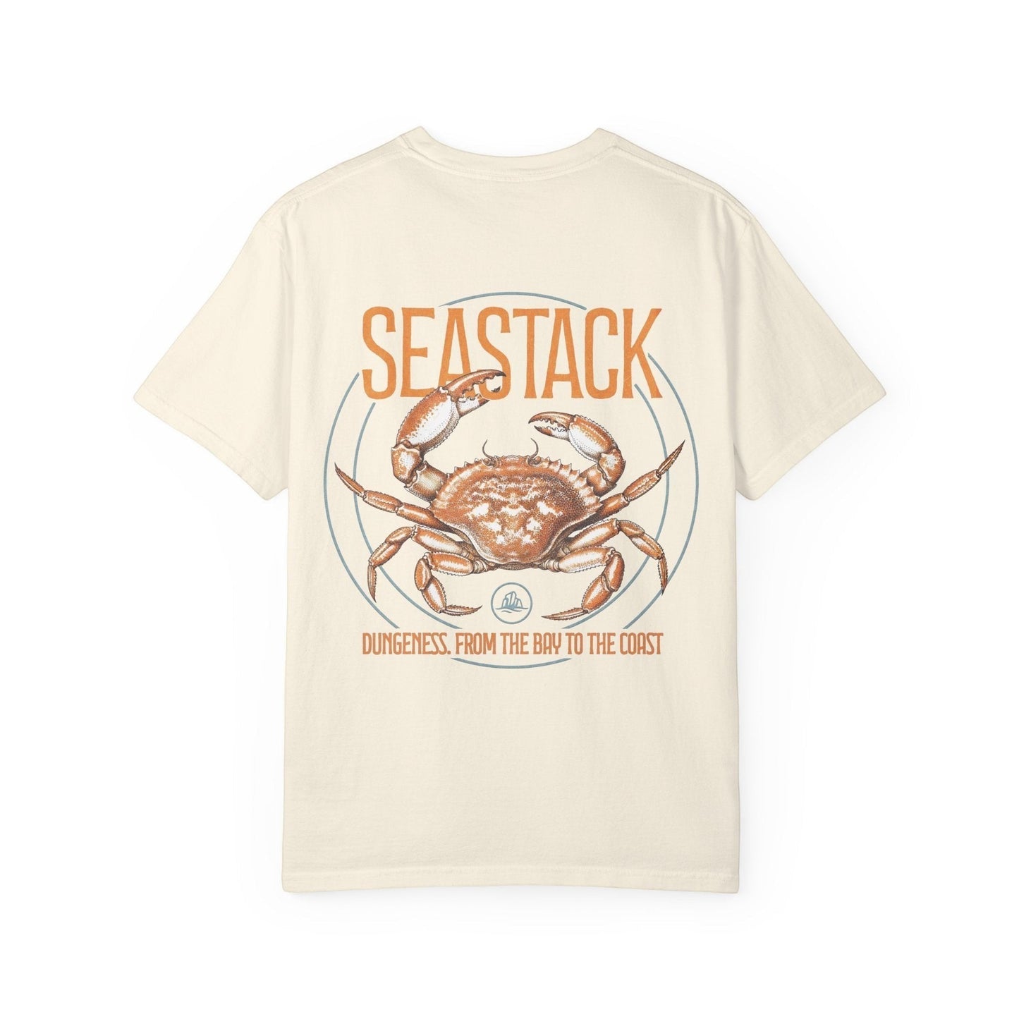 Seastack cream heavyweight cotton t-shirt with a graphic of a Dungeness crab and text 'Dungeness. From the Bay to the Coast.'