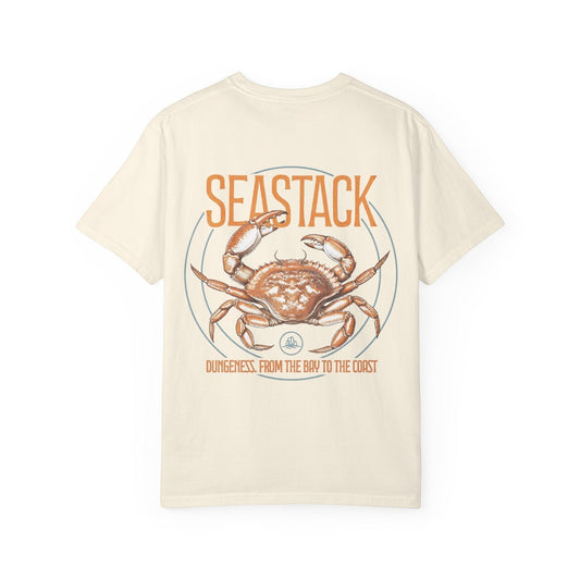 Seastack cream heavyweight cotton t-shirt with a graphic of a Dungeness crab and text 'Dungeness. From the Bay to the Coast.'