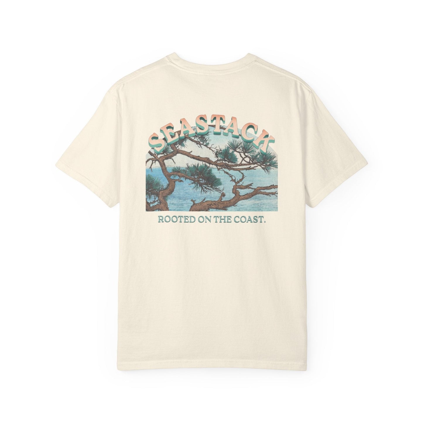 Seastack cream heavyweight cotton t-shirt with a graphic of a coastal view and text ‘Rooted On The Coast’