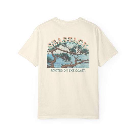 Seastack cream heavyweight cotton t-shirt with a graphic of a coastal view and text ‘Rooted On The Coast’