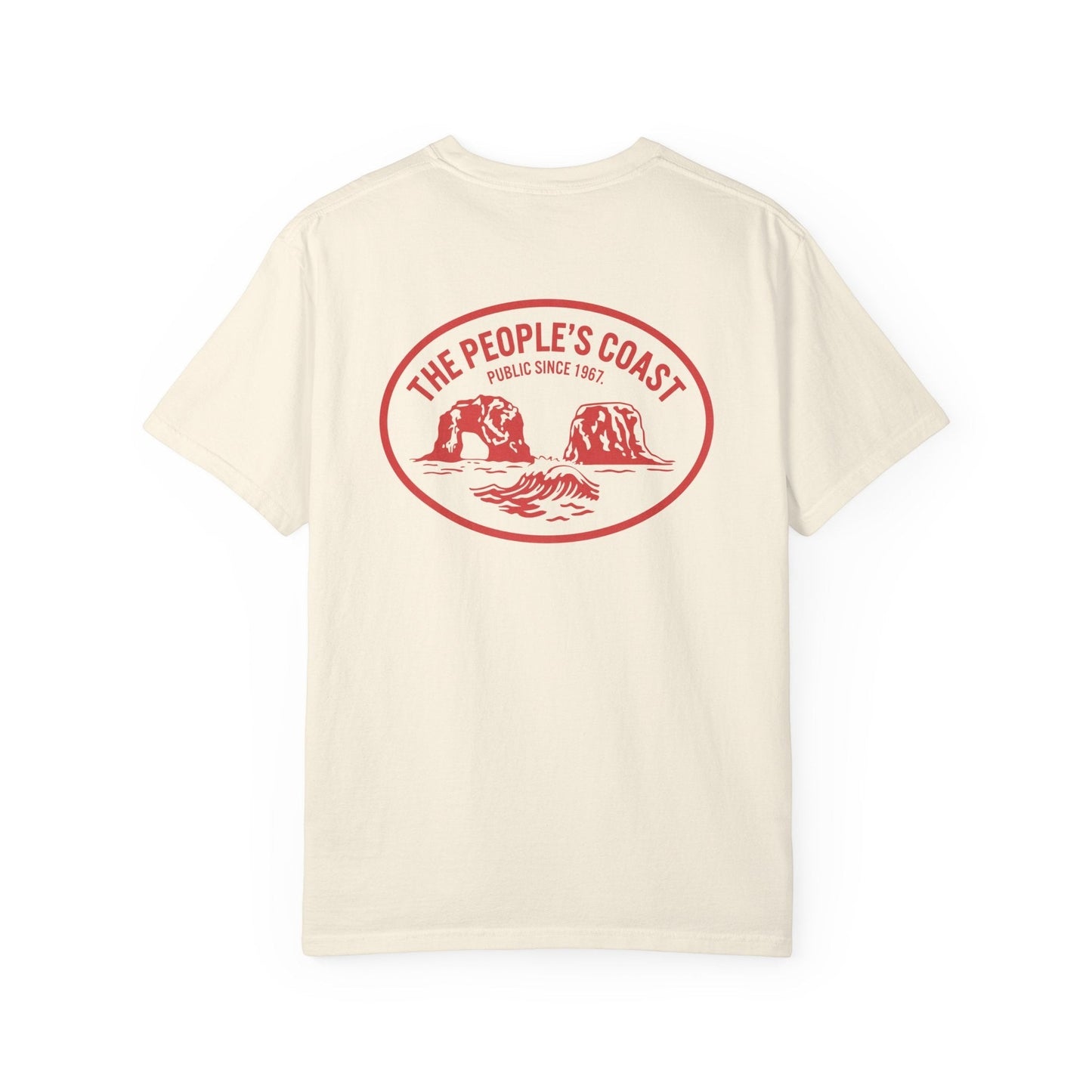Seastack People's Coast short sleeve tee in cream cotton with red graphic of sea stacks and waves.