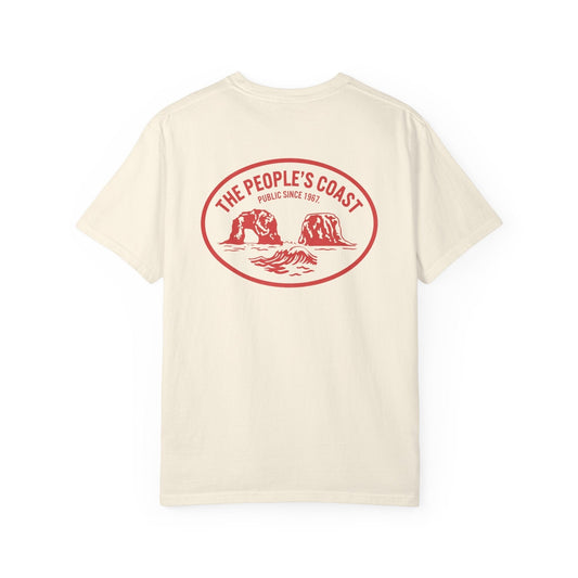 Seastack People's Coast short sleeve tee in cream cotton with red graphic of sea stacks and waves.