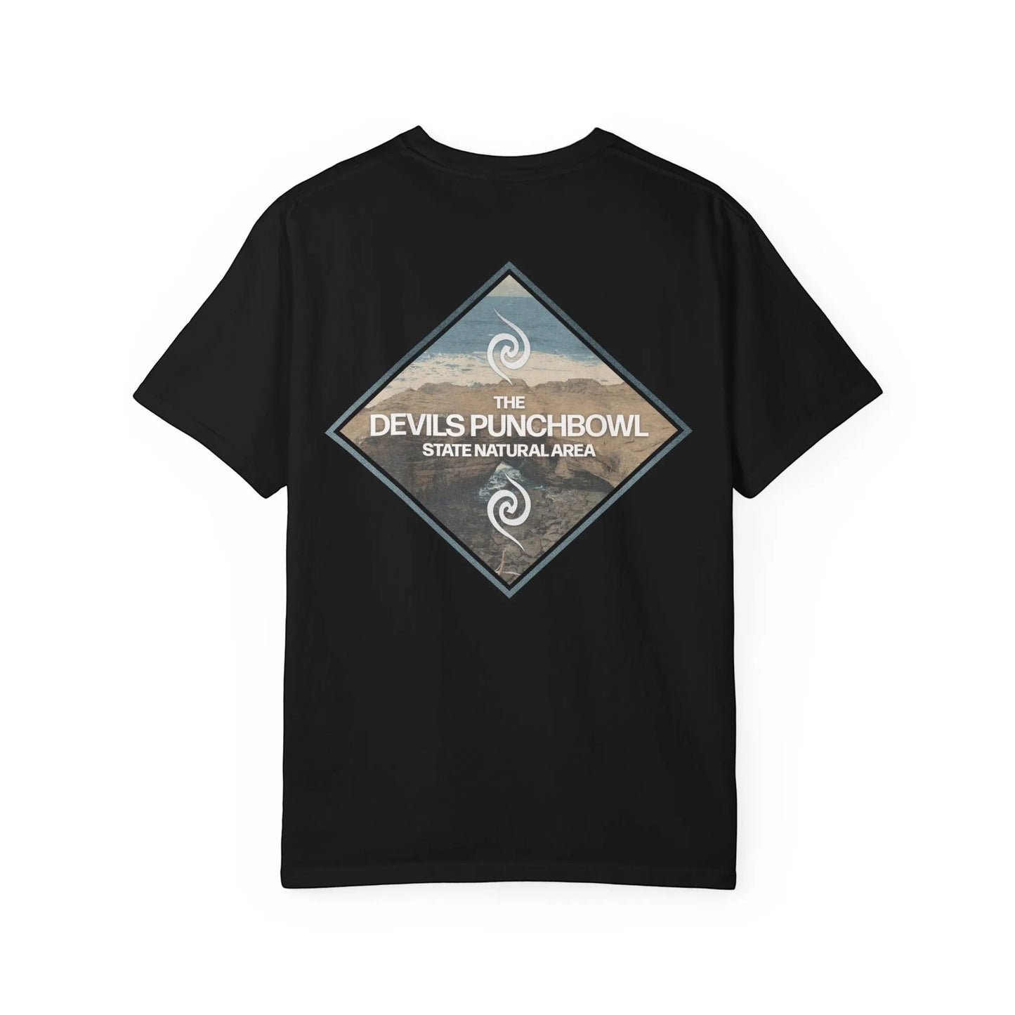 Seastack black 100% cotton short sleeve tee with Devils Punchbowl State Natural Area graphic on back.