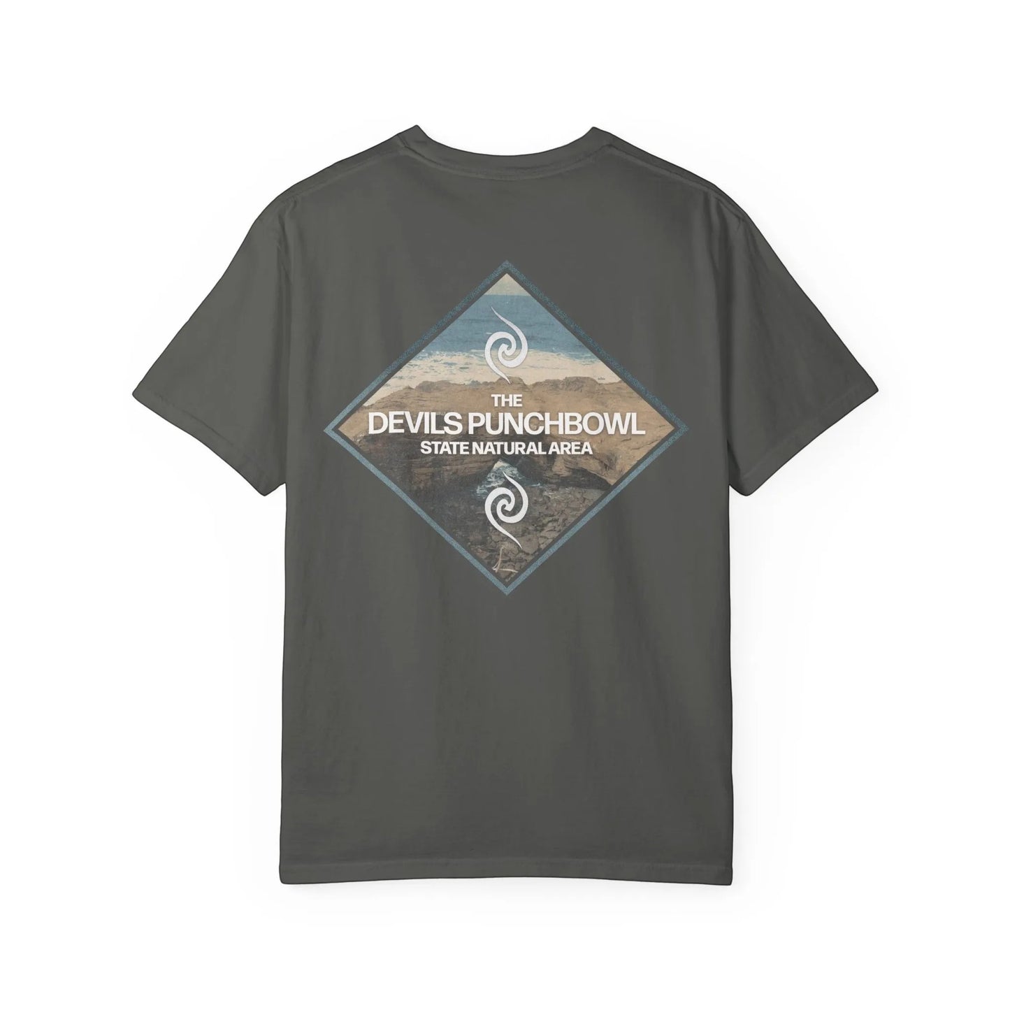 Seastack grey 100% cotton short sleeve tee with a diamond graphic on the back featuring The Devils Punchbowl State Natural Area.