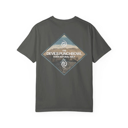 Seastack grey 100% cotton short sleeve tee with a diamond graphic on the back featuring The Devils Punchbowl State Natural Area.