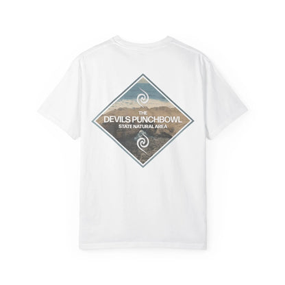 Seastack white 100% cotton short sleeve tee with Devils Punchbowl State Natural Area graphic on back.