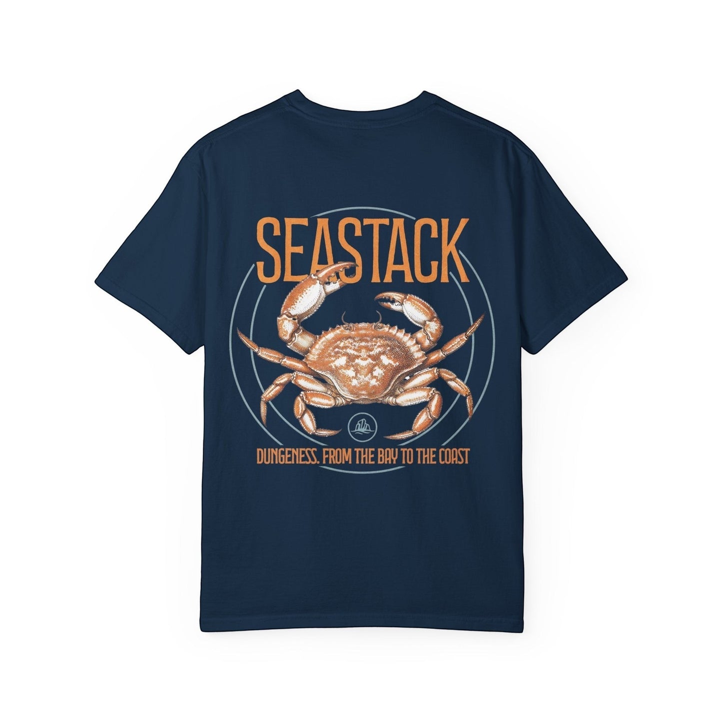 Seastack navy blue heavyweight cotton t-shirt with a graphic of a Dungeness crab and text "SEASTACK DUNGENESS. FROM THE BAY TO THE COAST."