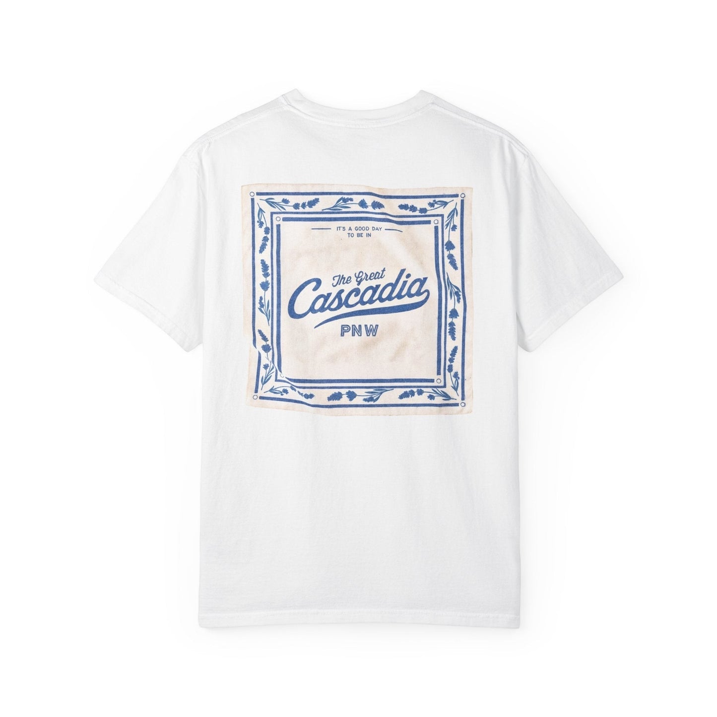Seastack white 100% cotton short sleeve tee with a blue and beige graphic on the back featuring "The Great Cascadia PNW" text.