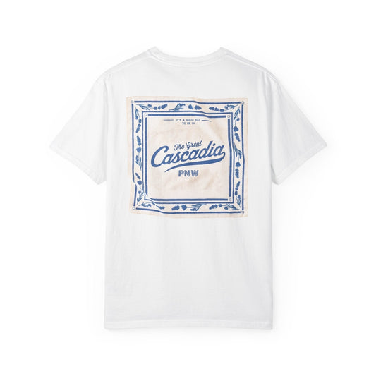 Seastack white 100% cotton short sleeve tee with a blue and beige graphic on the back featuring "The Great Cascadia PNW" text.