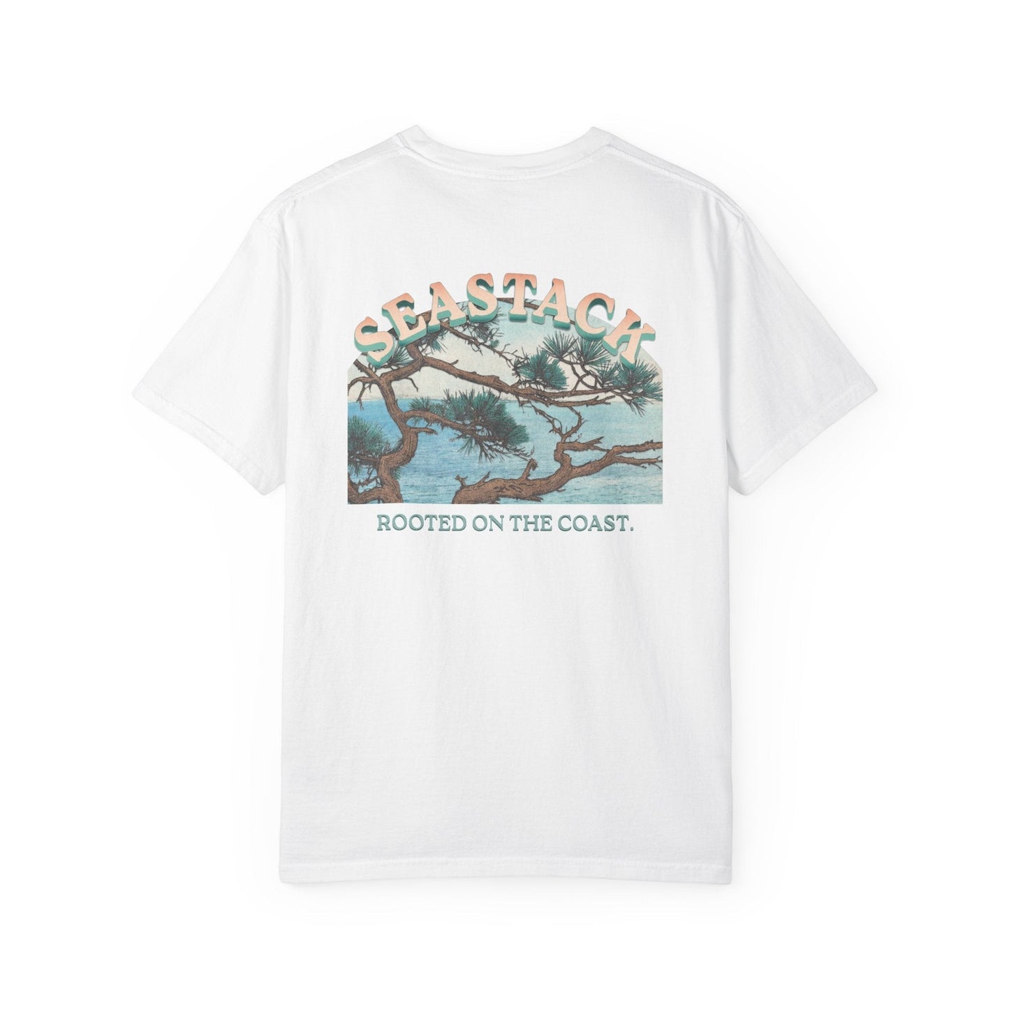 Seastack white heavyweight cotton t-shirt with a graphic of a coastal view and text ‘Rooted On The Coast’
