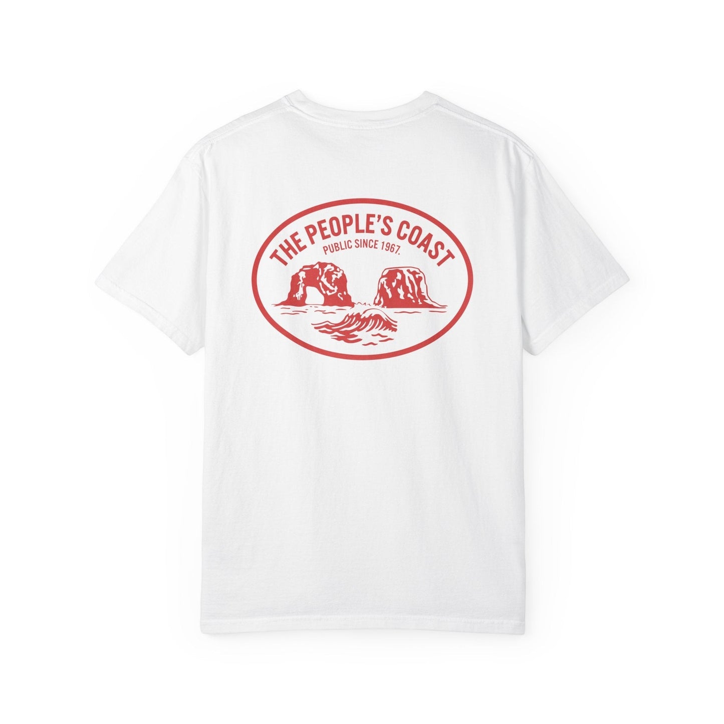 Seastack white garment-dyed cotton t-shirt with red oval graphic of sea stacks and waves on back.