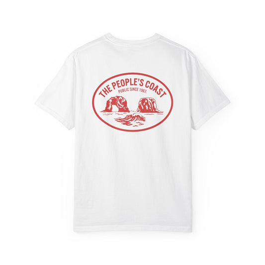 Seastack white garment-dyed cotton t-shirt with red oval graphic of sea stacks and waves on back.